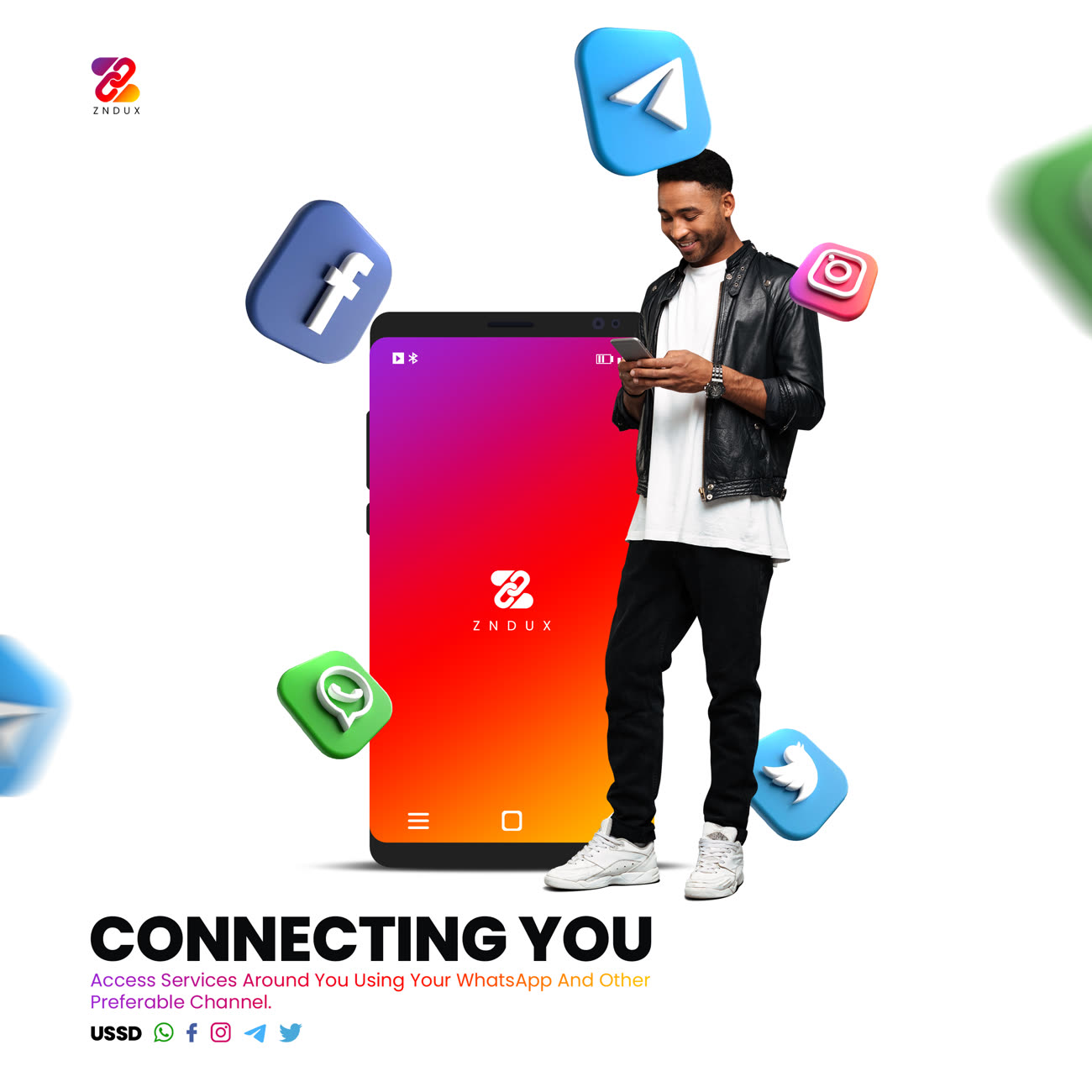 A Zndux user surrounded by familiar social and messaging channels